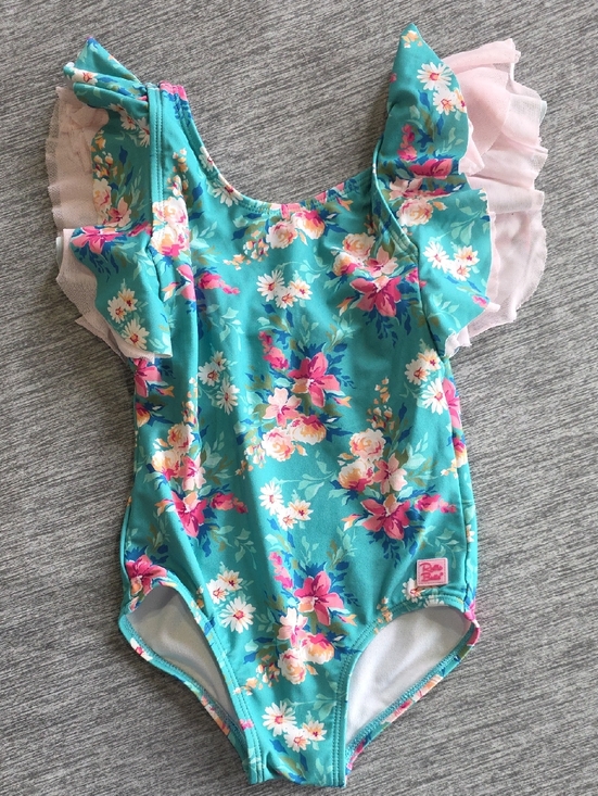 Ruffle Butts Other - Ruffle Butts Teal Floral One-Piece Swimsuit with Pink Ruffles Little Girl Size 5